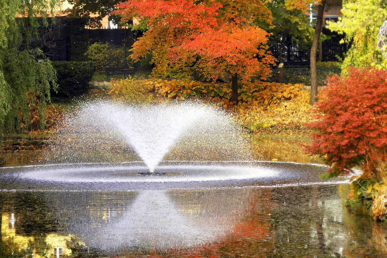 An Otterbine aerating fountain makes the park's autumn colors stand out